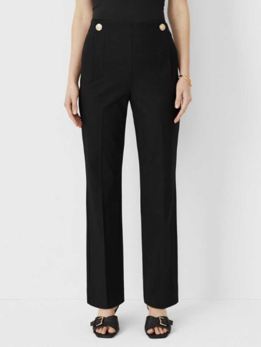 Ann Taylor Black Pencil Sailor Twill Pants w/ Gold Buttons
